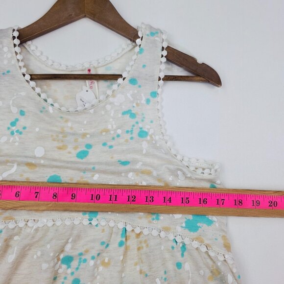 NWT Womens Babydoll Tank Top S Beige Paint Splatter Print Sleeveless Pom Trim - Picture 12 of 13